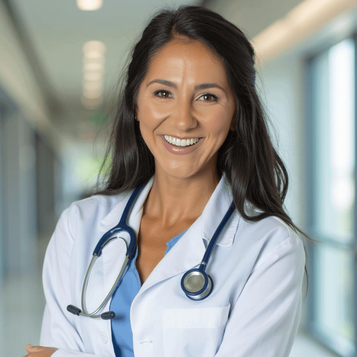 Smiling doctor with stethoscope in hospital.